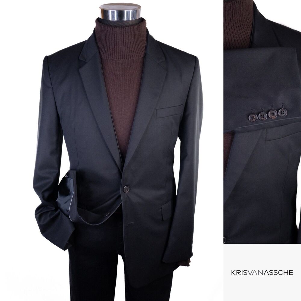 Kris Van Assche Sport Coat Casual Jacket Sz 38R SLIM Solid Black Wool 2-Button